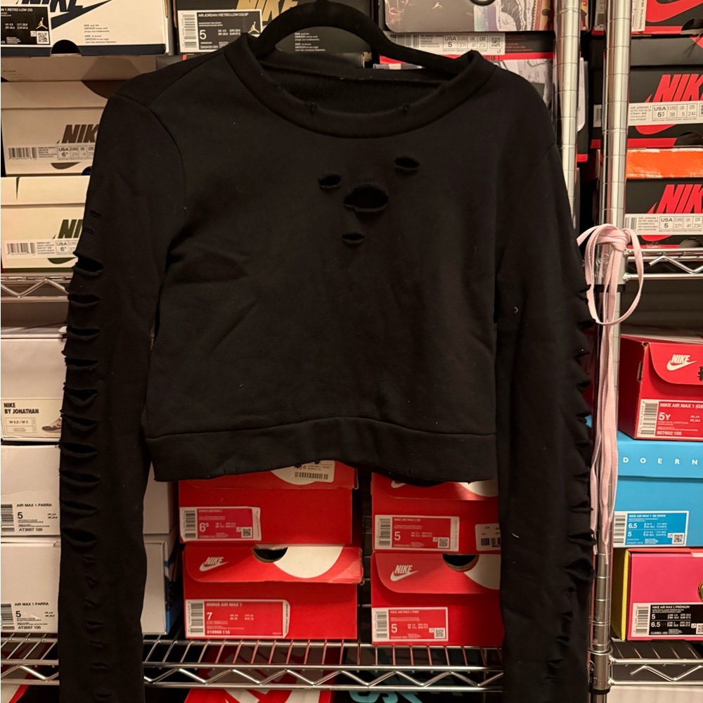 Alo Yoga Black Distressed Crop Crew Neck